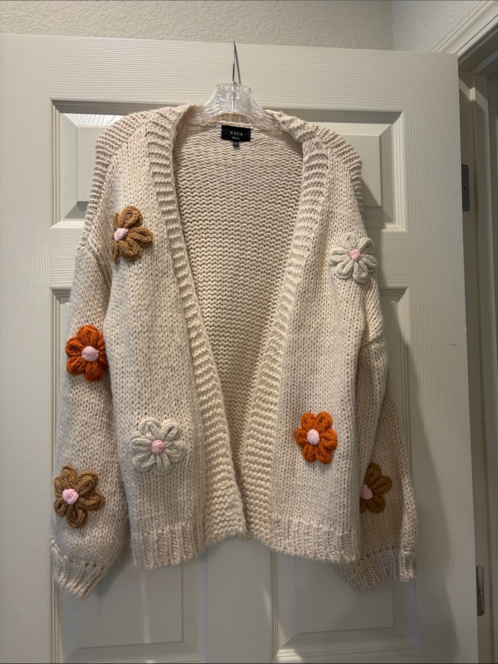 VICI Cream Floral Appliqué Knit Cardigan